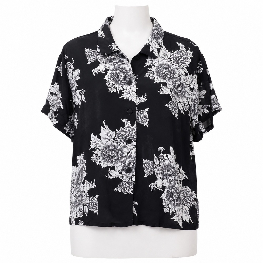 Vintage Ilyse Hart Ltd Floral Button Up Blouse Black White Rayon Womens Medium